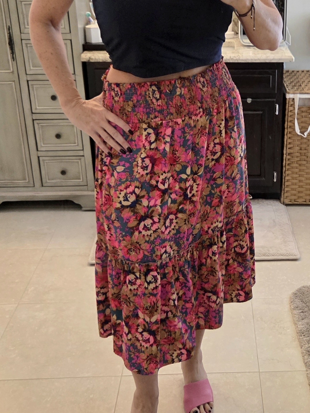 Veronica M Floral Smocked Waist Midi Skirt - Pink Multi